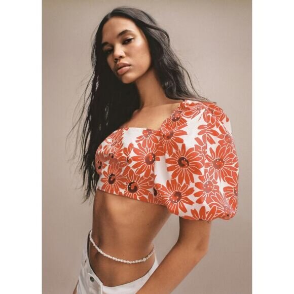 NWT MANGO Daisy Floral Puff Sleeve Cotton Crop Top Size Small - Picture 2 of 5